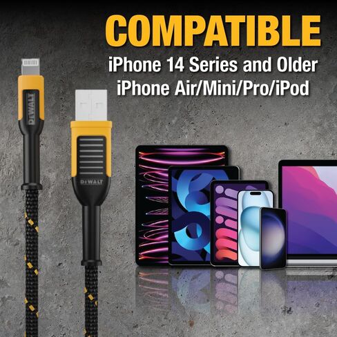 DEWALT Heavy Duty Lightning to USB A Cable — Reinforced Braided Cable for Lightning — Charger Cord Compatible with iPhone — Apple Compatible Charging Cable… (USB A to Lightning, 4FT) in Saudi Arabia