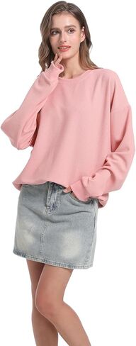 Sweatshirt for Womens Pullover Crew Neck Long Sleeve Waffle Knit Shirt Tops Fit Soft Outfits Casual Lightweight in Kuwait