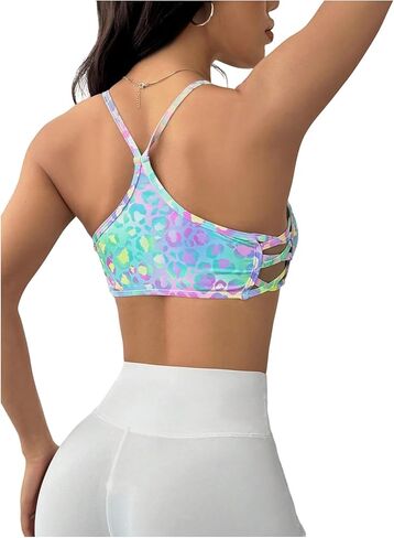 OYOANGLE Women's Leopard Print Sports Bra Criss Cross Racer Back Light Support Padded Yoga Gym Fitness Bra in Kuwait