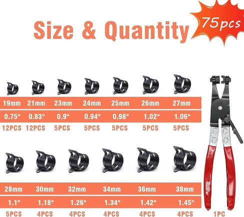 75Pcs 19-38mm Spring Hose Clamp Kit with Plier Spring Clip Fuel Line Silicone Vacuum Pipe Clamp in Kuwait