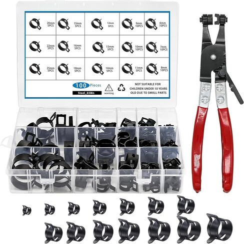100Pcs 6-25mm Black Spring Band Hose Clamp with Plier Kit Line Vacuum Hose Water Tube Pipe Clamp Clip in Kuwait