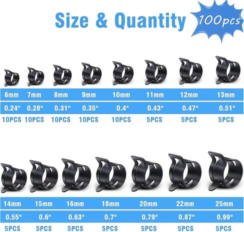 100Pcs 6-25mm Black Spring Band Hose Clamp with Plier Kit Line Vacuum Hose Water Tube Pipe Clamp Clip in Kuwait