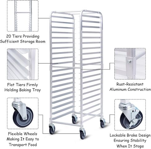 Giantex 20-Tier Kitchen Bun Pan Sheet Rack Aluminum Bakery Rack Home Commercial Kitchen Bakery Cooling Rack w/Wheels 2 Lockable & Open Shelf in Saudi Arabia