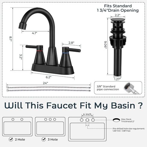 4 inches Bathroom Faucet for 3 Hole,2-Handle Bathroom Sink Faucets with Pop Up Drain (Matte Black) in Saudi Arabia