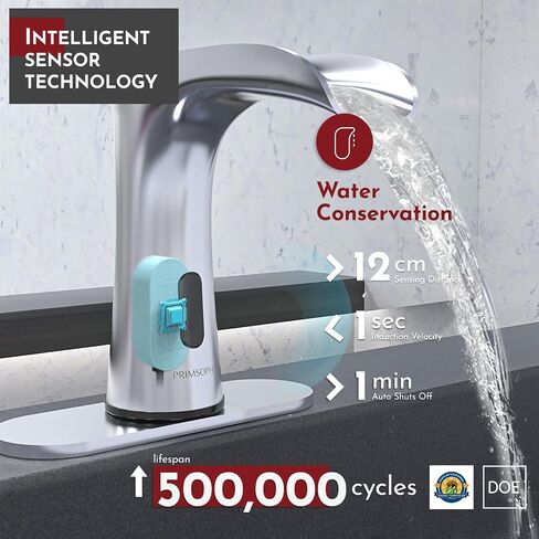 PRIMSOPH Automatic Motion Sensor Hands Free Electronic Infrared Smart Commercial Touchless Bathroom Sink Faucet with Cover Plate Temperature Mixer Battery or Plug-in Powered Chrome in Saudi Arabia