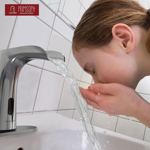 PRIMSOPH Automatic Motion Sensor Hands Free Electronic Infrared Smart Commercial Touchless Bathroom Sink Faucet with Cover Plate Temperature Mixer Battery or Plug-in Powered Chrome in Saudi Arabia
