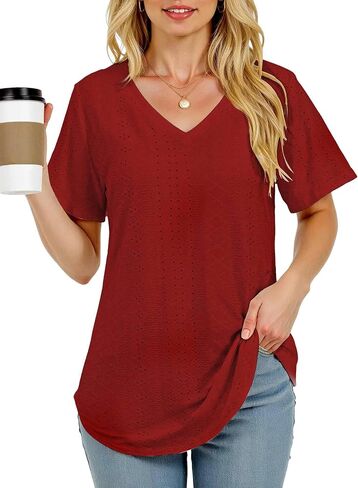 Womens V-Neck T-Shirts 2025- Soft Loose Fit Casual Tees with Curved Hem for Everyday Wear in Saudi Arabia