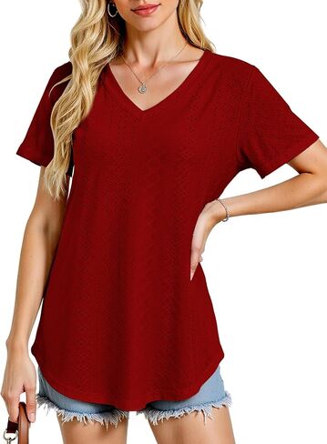 Womens V-Neck T-Shirts 2025- Soft Loose Fit Casual Tees with Curved Hem for Everyday Wear in Saudi Arabia