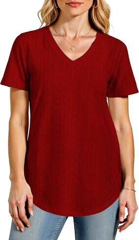 Womens V-Neck T-Shirts 2025- Soft Loose Fit Casual Tees with Curved Hem for Everyday Wear in Saudi Arabia