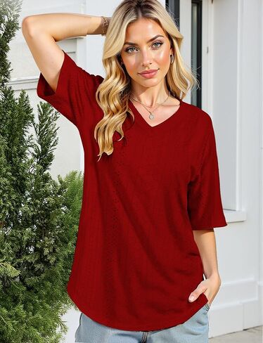 Womens V-Neck T-Shirts 2025- Soft Loose Fit Casual Tees with Curved Hem for Everyday Wear in Saudi Arabia