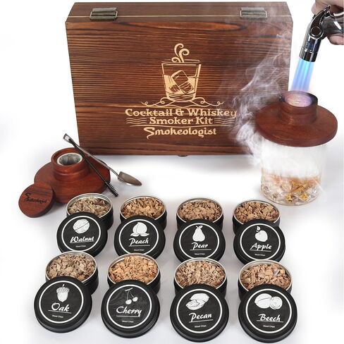 SMOKEOLOGIST Whiskey, Cocktail, and Old Fashioned Smoker Kit with Torch – includes 8 Unique Natural Wood Flavors, Luxury Wooden Box Gift Packaging, Premium Butane Torch (butane fuel not included) in Saudi Arabia