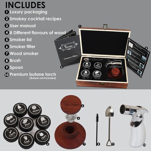 SMOKEOLOGIST Whiskey, Cocktail, and Old Fashioned Smoker Kit with Torch – includes 8 Unique Natural Wood Flavors, Luxury Wooden Box Gift Packaging, Premium Butane Torch (butane fuel not included) in Saudi Arabia