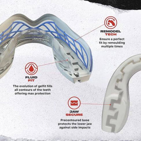 Safejawz Sports Mouthguard Triple Layer ، Premium-shock-cage beath mouth with case for basketball ، lacrosse ، footbool ، artial arts ، hockey and all contact Sports (White) in Kuwait