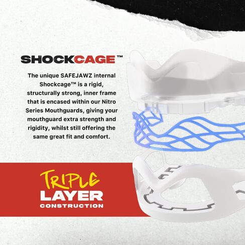 Safejawz Sports Mouthguard Triple Layer ، Premium-shock-cage beath mouth with case for basketball ، lacrosse ، footbool ، artial arts ، hockey and all contact Sports (White) in Kuwait
