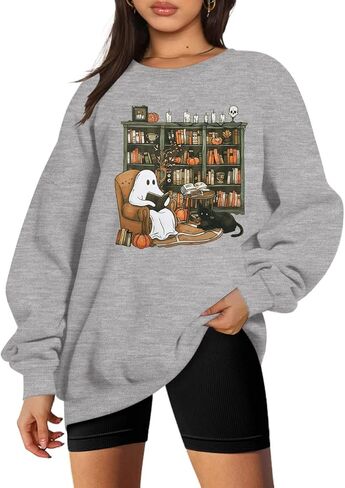 KIDDAD Halloween Sweatshirt for Women Ghosts Reading Books Graphic Long Sleeve Sweater Cute Spooky Bookish Shirts in Saudi Arabia