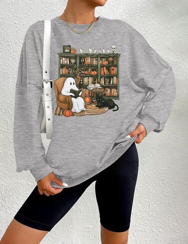 KIDDAD Halloween Sweatshirt for Women Ghosts Reading Books Graphic Long Sleeve Sweater Cute Spooky Bookish Shirts in Saudi Arabia