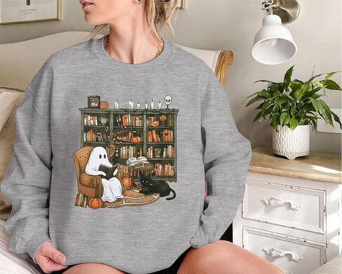 KIDDAD Halloween Sweatshirt for Women Ghosts Reading Books Graphic Long Sleeve Sweater Cute Spooky Bookish Shirts in Saudi Arabia