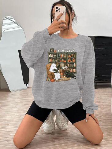KIDDAD Halloween Sweatshirt for Women Ghosts Reading Books Graphic Long Sleeve Sweater Cute Spooky Bookish Shirts in Saudi Arabia
