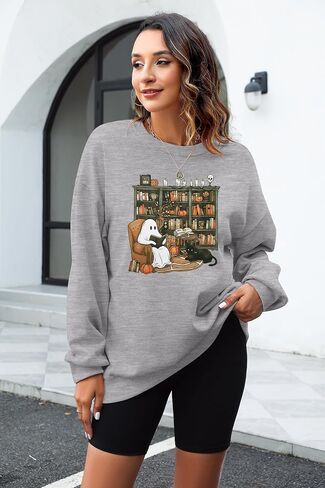 KIDDAD Halloween Sweatshirt for Women Ghosts Reading Books Graphic Long Sleeve Sweater Cute Spooky Bookish Shirts in Saudi Arabia