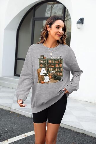 KIDDAD Halloween Sweatshirt for Women Ghosts Reading Books Graphic Long Sleeve Sweater Cute Spooky Bookish Shirts in Saudi Arabia