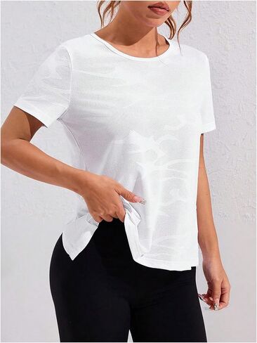 OYOANGLE Women's Camo Workout Gym Shirts Open Back Crew Neck Short Sleeve Loose Sports Athletic T Shirt in Saudi Arabia