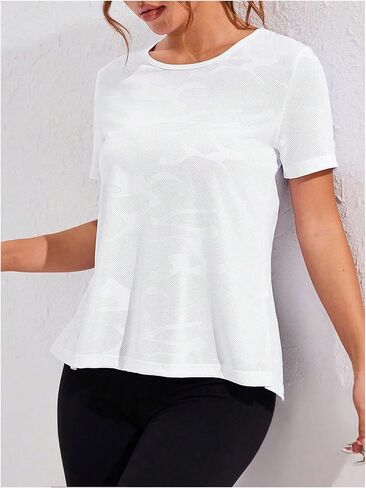OYOANGLE Women's Camo Workout Gym Shirts Open Back Crew Neck Short Sleeve Loose Sports Athletic T Shirt in Saudi Arabia