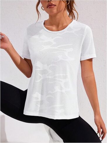 OYOANGLE Women's Camo Workout Gym Shirts Open Back Crew Neck Short Sleeve Loose Sports Athletic T Shirt in Saudi Arabia