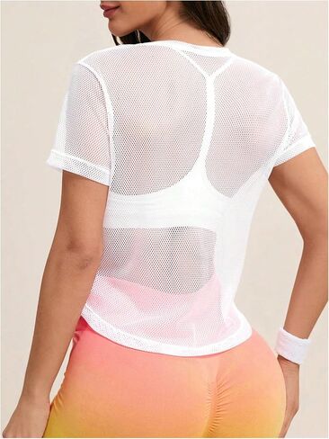 TweatyRocks Women's Mesh Prockout Tops Short Sleeve Round Neck Neck Cover Ups Tee Shirt in Saudi Arabia