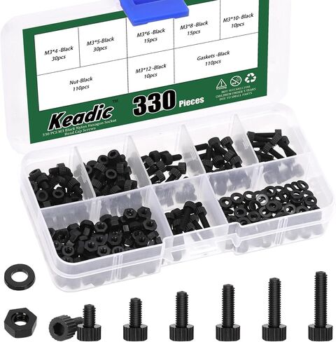 Keadic 330Pcs M3 Nylon Hex Bolts Kit: Black Nylon Hex Socket Head Cap Screws, Nuts, Washers - Motion Sensor, Controller Board, Flight Control Stack Building in Saudi Arabia