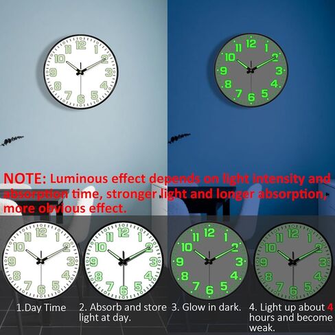 توهج في ساعة الحائط المظلمة غير الموقوتة ، بطارية حائط صامتة 10 بوصة تعمل بطارية ، عدد كبير من الزجاج المقسى ، ساعة مستديرة ليلية لتناظرية مكتب غرفة المعيشة غرفة نوم ، أسود in Kuwait