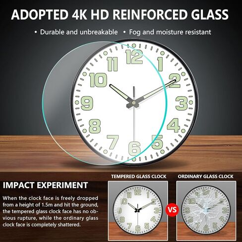 توهج في ساعة الحائط المظلمة غير الموقوتة ، بطارية حائط صامتة 10 بوصة تعمل بطارية ، عدد كبير من الزجاج المقسى ، ساعة مستديرة ليلية لتناظرية مكتب غرفة المعيشة غرفة نوم ، أسود in Kuwait