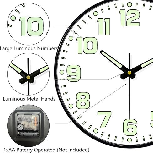 توهج في ساعة الحائط المظلمة غير الموقوتة ، بطارية حائط صامتة 10 بوصة تعمل بطارية ، عدد كبير من الزجاج المقسى ، ساعة مستديرة ليلية لتناظرية مكتب غرفة المعيشة غرفة نوم ، أسود in Kuwait