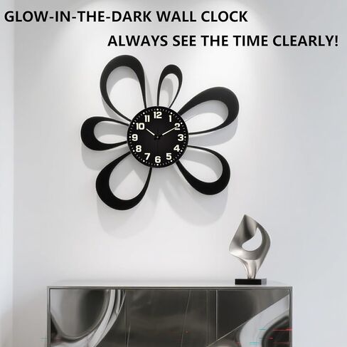 Glow in The Dark Wall Clock Non Ticking, 10 inch Silent Wall Clocks Battery Operated, Large Number Tempered Glass, Round Night Light Analog Clock for Bedroom Living Room Kitchen Office, Black in Saudi Arabia