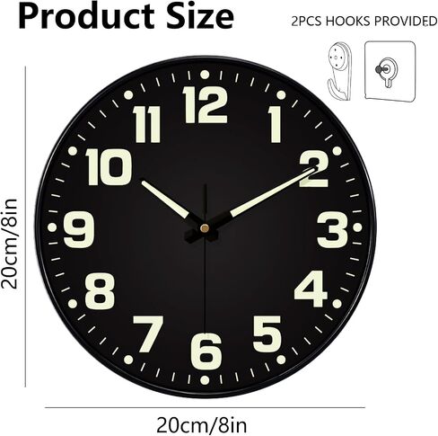 Glow in The Dark Wall Clock Non Ticking, 10 inch Silent Wall Clocks Battery Operated, Large Number Tempered Glass, Round Night Light Analog Clock for Bedroom Living Room Kitchen Office, Black in Saudi Arabia