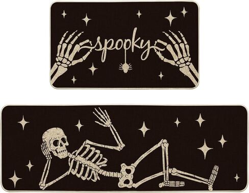 Artoid Mode Spooky Skeleton Spider Bone Black Halloween Kitchen Mats Set of 2, Black Home Decor Low-Profile Kitchen Rugs for Floor - 17x29 and 17x47 Inch in Saudi Arabia