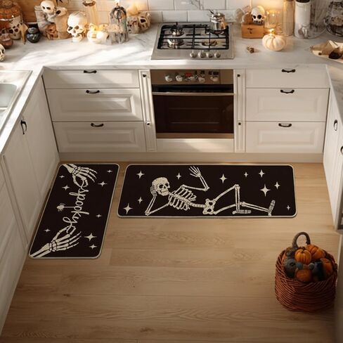 Artoid Mode Spooky Skeleton Spider Bone Black Halloween Kitchen Mats Set of 2, Black Home Decor Low-Profile Kitchen Rugs for Floor - 17x29 and 17x47 Inch in Saudi Arabia