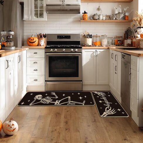 Artoid Mode Spooky Skeleton Spider Bone Black Halloween Kitchen Mats Set of 2, Black Home Decor Low-Profile Kitchen Rugs for Floor - 17x29 and 17x47 Inch in Saudi Arabia
