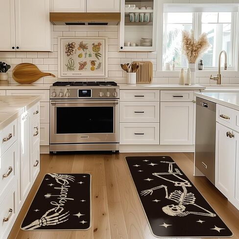 Artoid Mode Spooky Skeleton Spider Bone Black Halloween Kitchen Mats Set of 2, Black Home Decor Low-Profile Kitchen Rugs for Floor - 17x29 and 17x47 Inch in Saudi Arabia