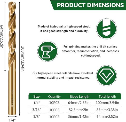 1/4 "مجموعة بتات الكوبالت ، 10pcs M35 عالي السرعة الصلب الطول الطول مجموعات الحفر المعدنية قسطا لصالح الفولاذ المقاوم للصلب من الحديد الزهر بالإضافة إلى البلاستيك الخشب (1/4" -10 pcs) in Kuwait