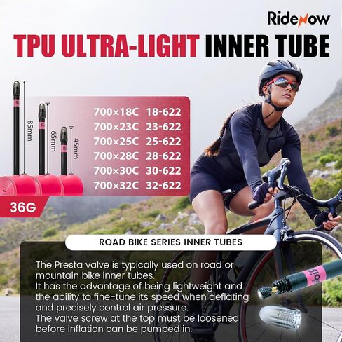 Ridenow 4-Pack Bike Inner Tube for 700/18C-28C, 700/18C-32C with 65/85 mm Metal &TPU Presta Valves for Road Bikes, Super Light Puncture Resistant Bicycle Inner Tube(Include Patch Repair Kits) in Kuwait