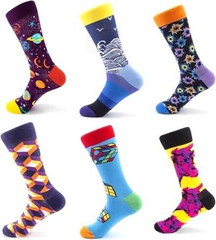 DJ Designs 6 Pairs of Men's Funny Cotton Dress Socks Fits US Shoe Size 7-13 Fun Colorful Crazy Crew Sock in Kuwait