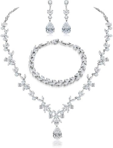 Hadskiss Elegant Bridal Wedding Jewelry Sets for Women/Brides/Bridesmaids, Cubic Zirconia Necklace Earrings Bracelet Set White Gold Plated Hypoallergenic Jewelry for Wedding Prom Party in Kuwait