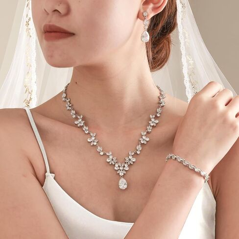 Hadskiss Elegant Bridal Wedding Jewelry Sets for Women/Brides/Bridesmaids, Cubic Zirconia Necklace Earrings Bracelet Set White Gold Plated Hypoallergenic Jewelry for Wedding Prom Party in Kuwait