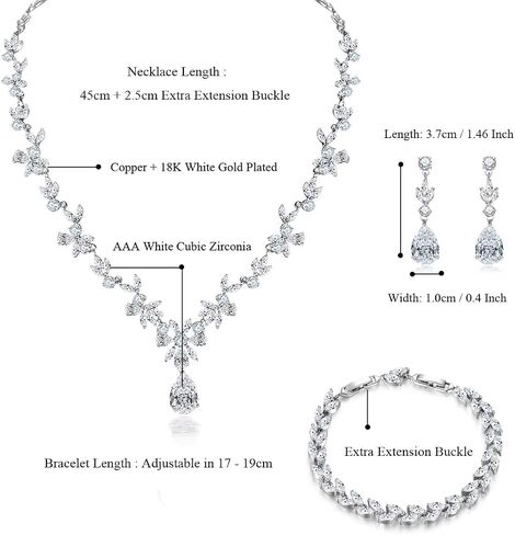 Hadskiss Elegant Bridal Wedding Jewelry Sets for Women/Brides/Bridesmaids, Cubic Zirconia Necklace Earrings Bracelet Set White Gold Plated Hypoallergenic Jewelry for Wedding Prom Party in Kuwait