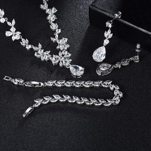 Hadskiss Elegant Bridal Wedding Jewelry Sets for Women/Brides/Bridesmaids, Cubic Zirconia Necklace Earrings Bracelet Set White Gold Plated Hypoallergenic Jewelry for Wedding Prom Party in Kuwait