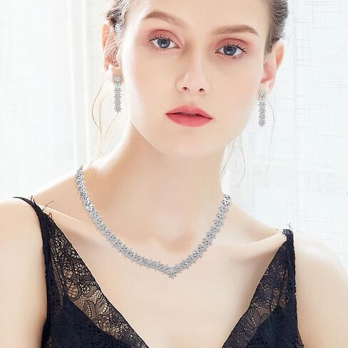 Hadskiss Elegant Bridal Wedding Jewelry Sets for Women/Brides/Bridesmaids, Cubic Zirconia Necklace Earrings Bracelet Set White Gold Plated Hypoallergenic Jewelry for Wedding Prom Party in Kuwait