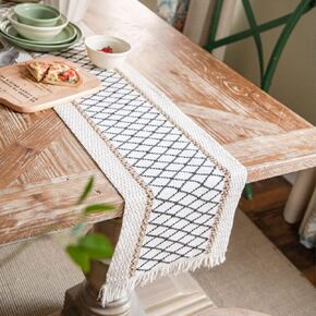 Table Runner, Boho Table Runner Cotton Linen Table Decorations, Farmhouse Table Runners with Tassels for Bohemian Wedding Bridal Shower Rustic Home Dining Table (Black/Grid/12x72) in Saudi Arabia