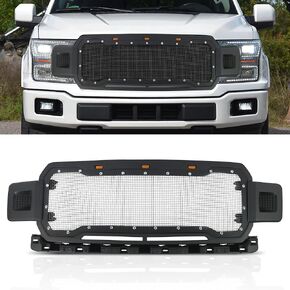 Front Upper Grill Grille Fit For Ford F150 2009 2010 2011 2012 2013 2014,Front Bumper Grill with Amber Lights,Matte Black with Steel Mesh,Chrome Rivet Style in Saudi Arabia