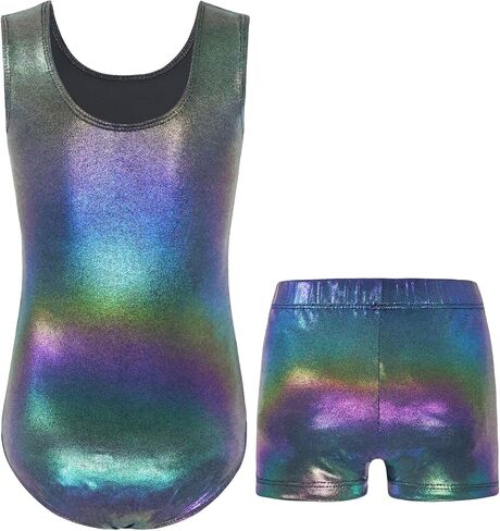 Nymphperi Girls Gymnastics Leotards Size 10-12 Years Old Sparkle Gold Sleeveless Bodysuits with Shiny Shorts Suit for Kids Daily Wear in Kuwait