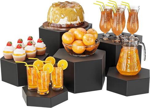 Metal Buffet Risers,6PCS Hexagonal Jewelry Display Risers 2.76 in to 4.02 in Market Display Stands Metal Showcase for Catering Dessert Figures Decoration (Matte Black, 2.76IN to 4.02IN) in Saudi Arabia